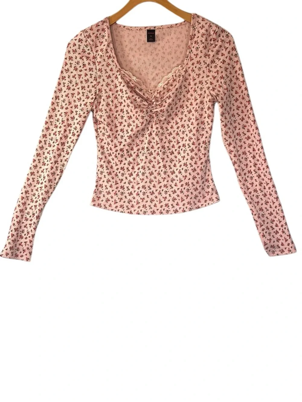 ROMWE Ditzy Floral Lace-Trim Long Sleeve Top Size S US 4 Pink Multi Cottagecore